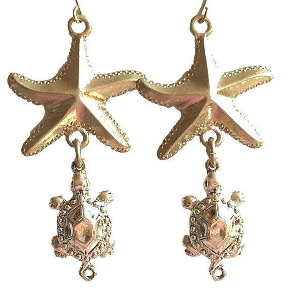 Starfish Turtle Sea Life Earrings Gold Silver Plated Pierced Dangle Island Beach - Picture 1 of 9
